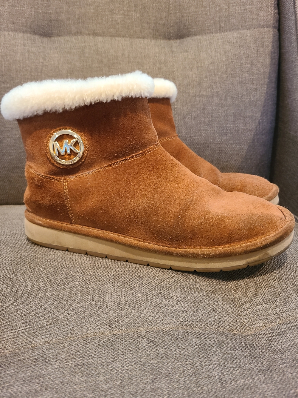 Michael Kors Chestnut Suede Shearling-Lined Ankle Booties with Gold MK Emblem 10